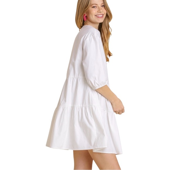Off White Half Button 3/4 Sleeve Tiered Shirt Dress - Picture 3 of 5